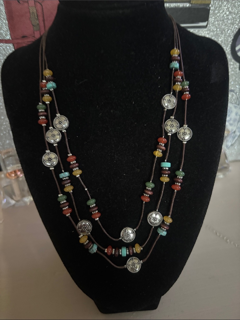 Chaps Boho Multi-Color Beaded Layered Necklace with Silver Medallions